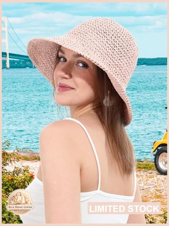 Wide Brim Straw Sun Hat Hand Woven Foldable Beach Bucket Hat UV Protection UPF main image 7